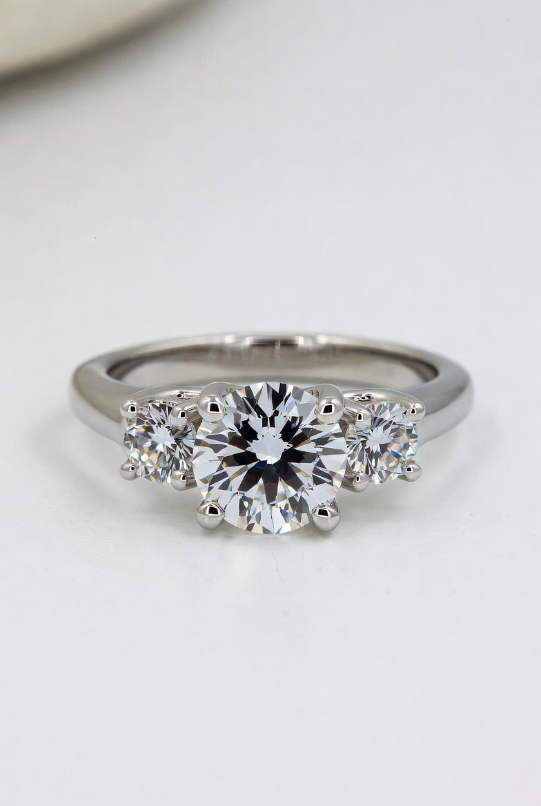 Three-stone engagement ring with a round lab-grown diamond center flanked by two smaller round side diamonds in a white gold setting