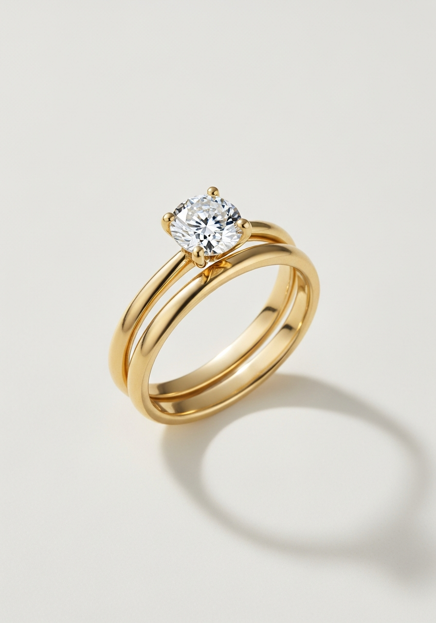 Plain slim 2.5mm yellow gold wedding band stacked with a solitaire engagement ring holding a 2 carat VS1 round brilliant lab-grown diamond