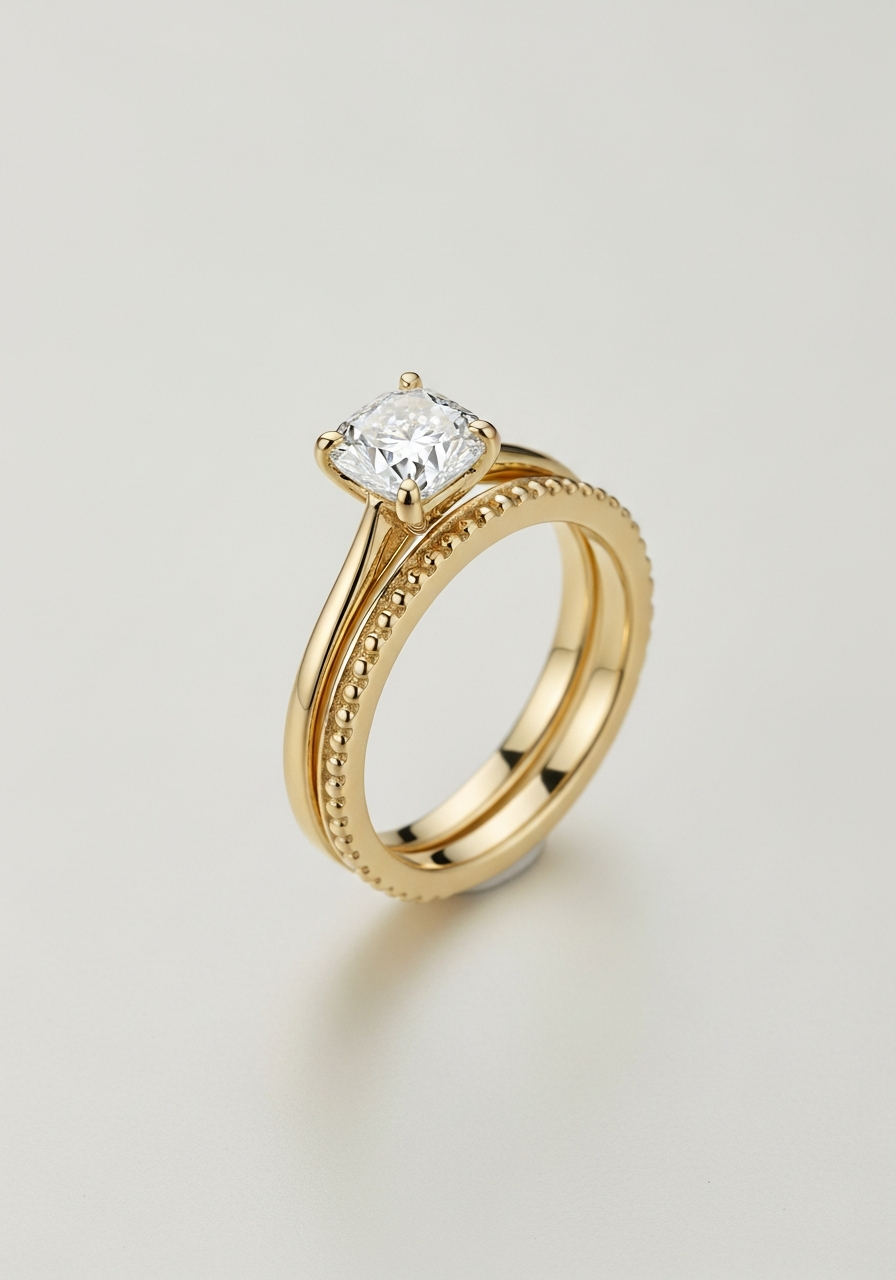 Milgrain-edge yellow gold wedding band with delicate beaded detailing along the edges, stacked with a 2 carat VS1 cushion-cut lab-grown diamond engagement ring