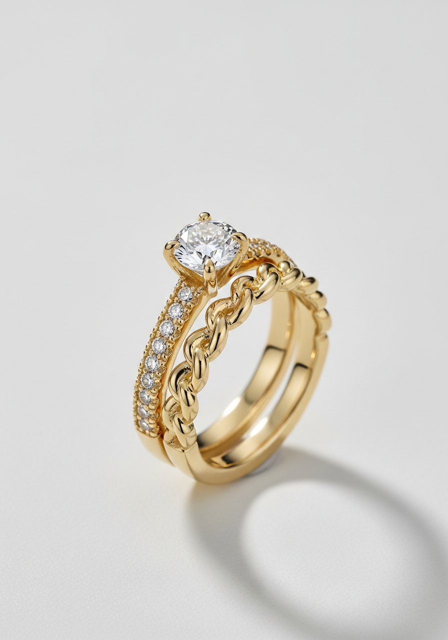 Twisted rope yellow gold wedding band with two strands braided together, paired with a 2 carat VS1 pear-cut lab-grown diamond solitaire