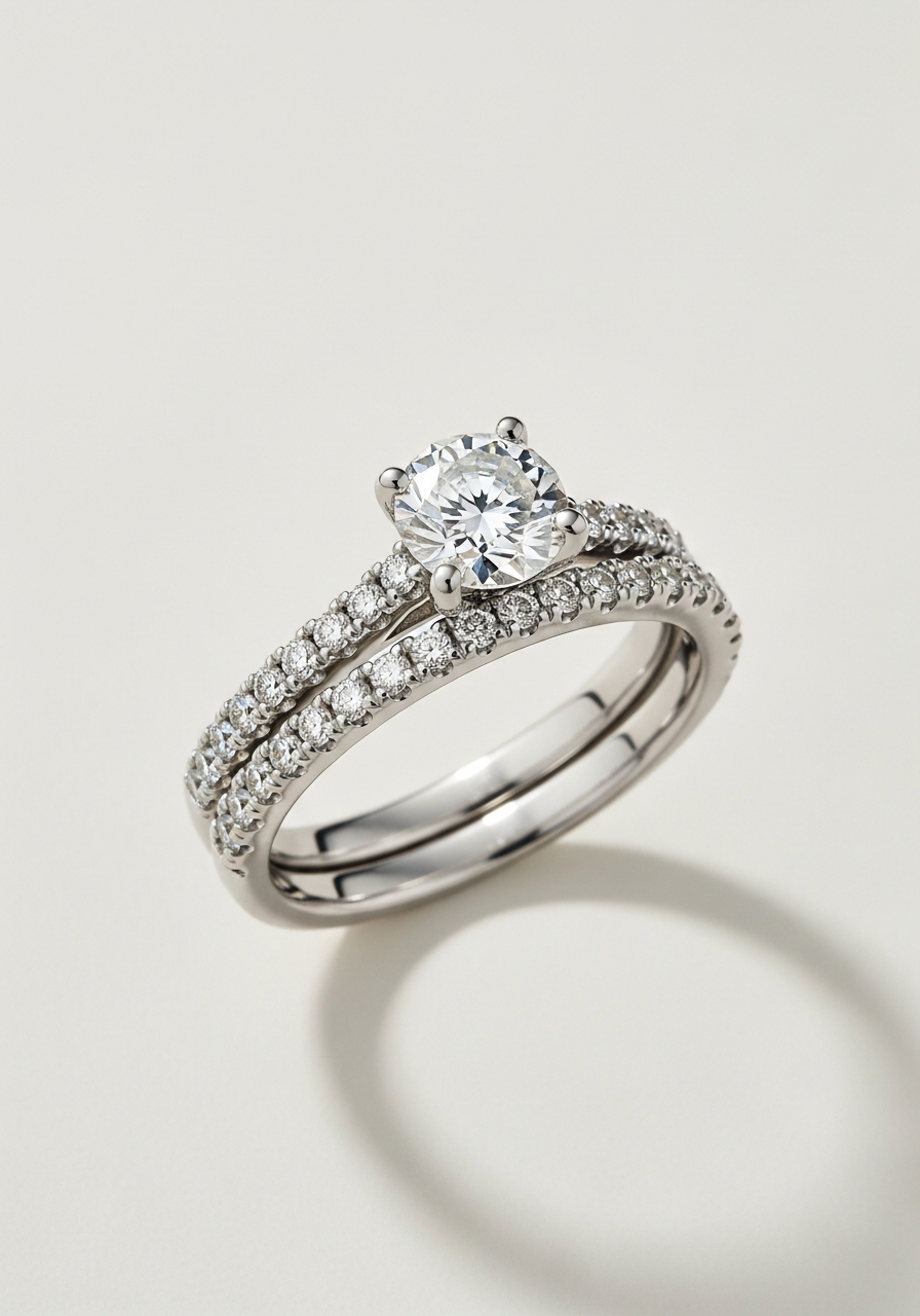 Pavé half-eternity platinum wedding band with diamonds across the top half only, stacked with a 2 carat VS1 round brilliant lab-grown diamond solitaire