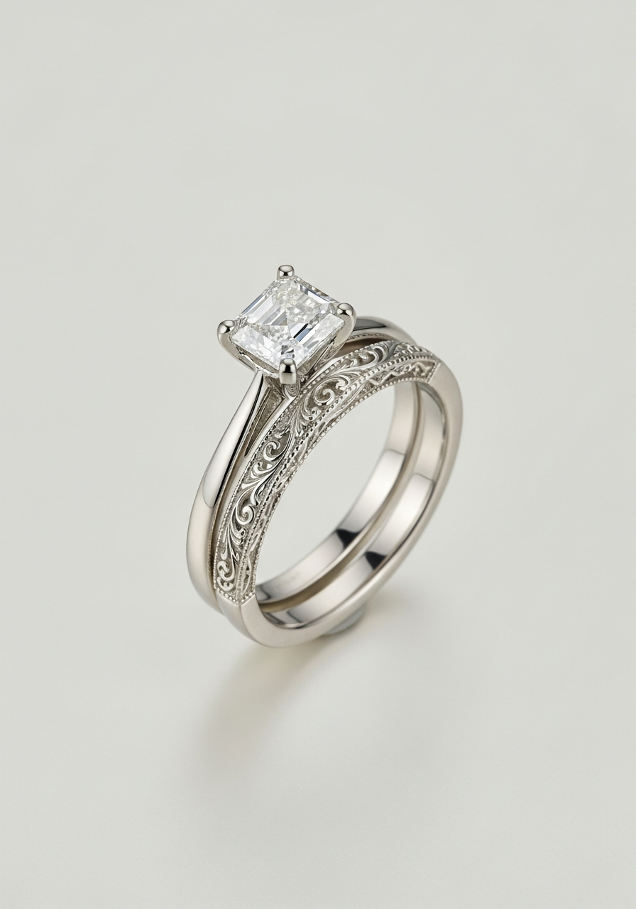 Filigree engraved white gold wedding band with delicate Art Deco scrollwork along the shank, paired with a 2 carat VS1 asscher-cut lab-grown diamond engagement ring