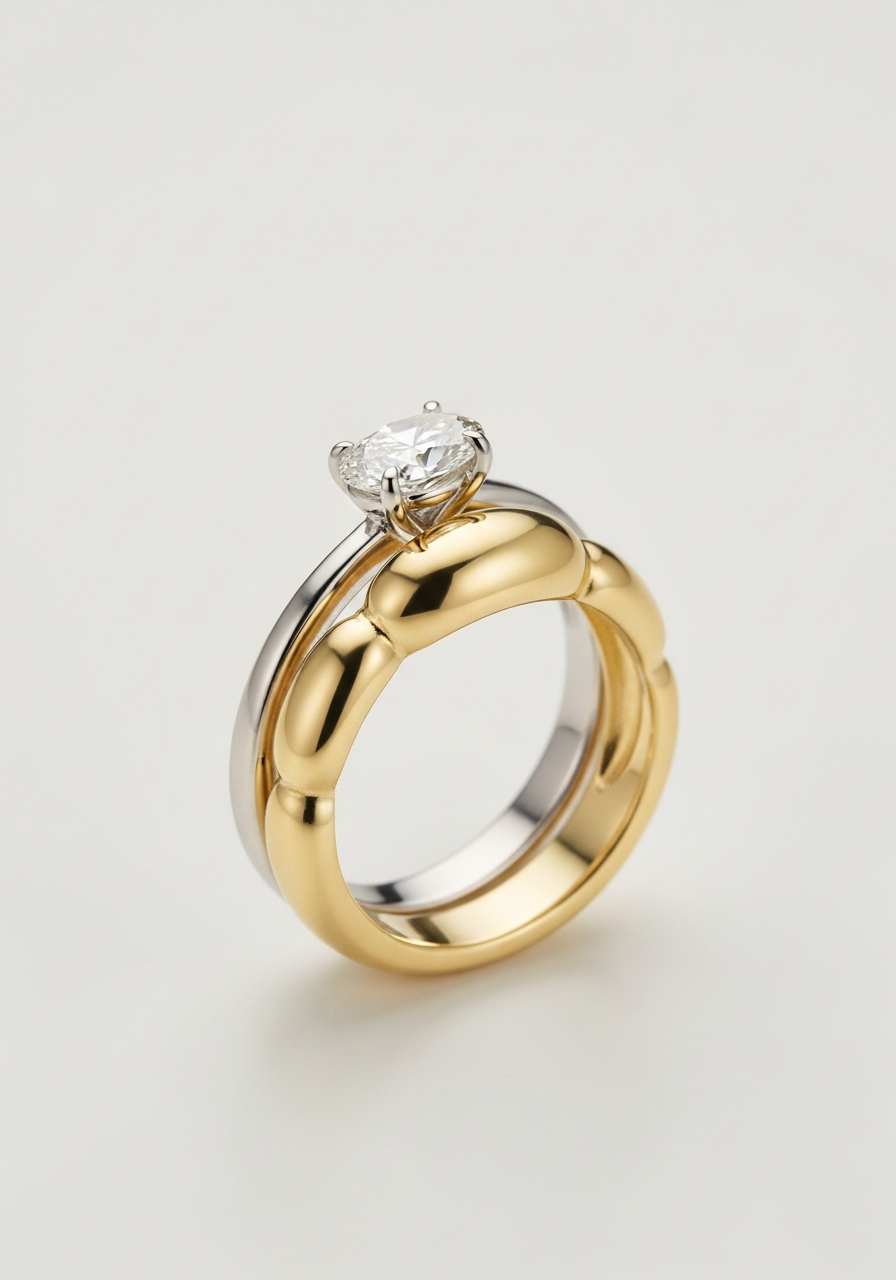Chunky sculptural domed yellow gold wedding band with bold polished bombé silhouette, stacked with a 2 carat VS1 oval-cut lab-grown diamond solitaire