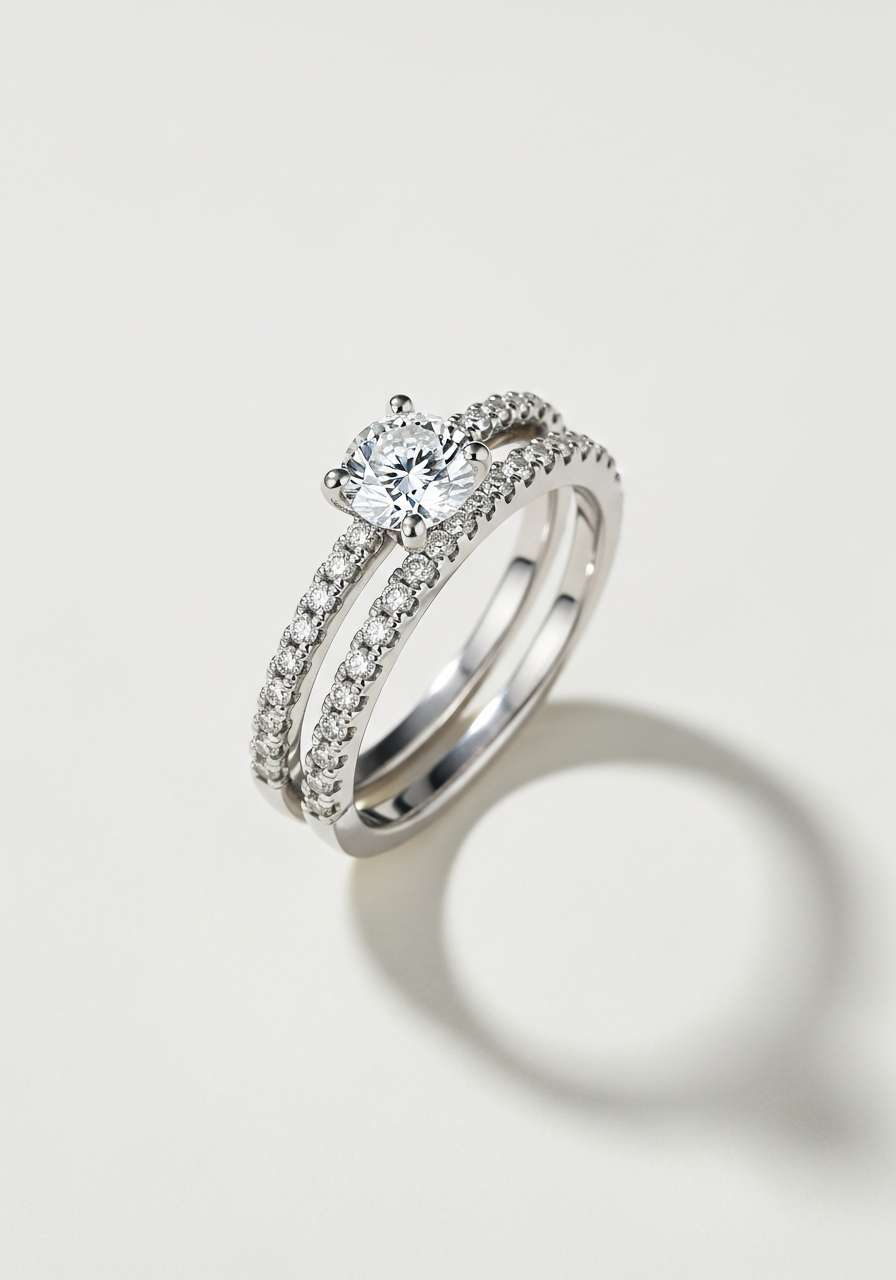 Double-row pavé white gold wedding band with two parallel rows of round brilliant diamonds, stacked with a 2 carat VS1 round brilliant lab-grown diamond solitaire