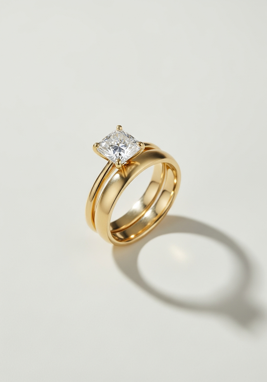 Plain wide 5mm smooth polished yellow gold wedding band, stacked with a 2 carat VS1 cushion-cut lab-grown diamond engagement ring
