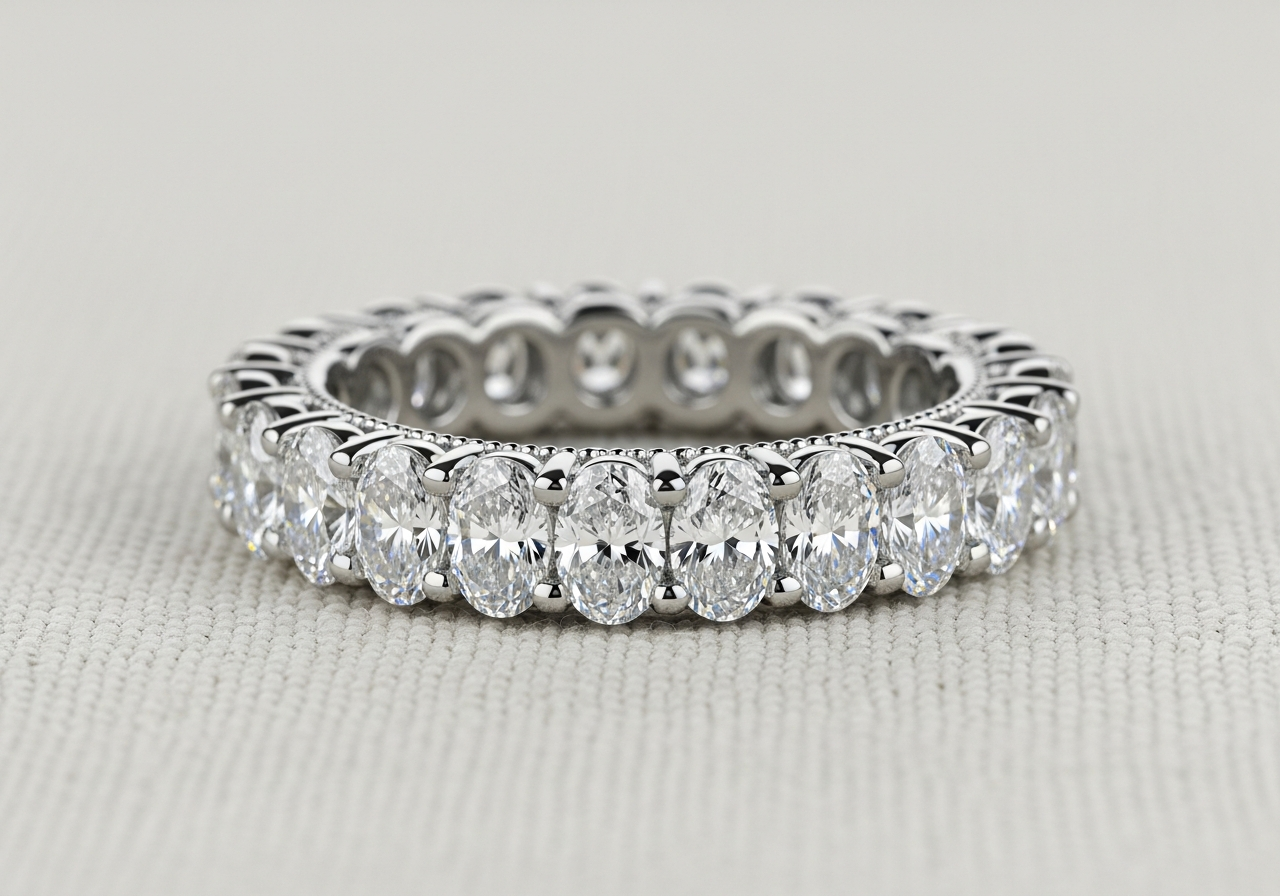 Oval eternity band — 18k white gold, 3.2mm wide four-prong setting with 18 lab-grown oval diamonds (E color, VVS1 clarity), milgrain edges, contoured for stacking