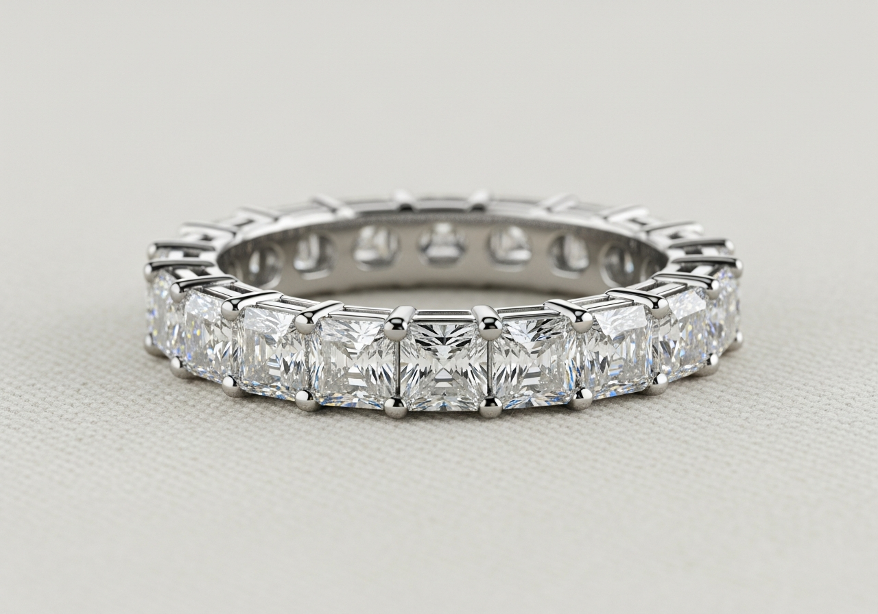 Radiant cut pavé eternity band — platinum 950, 3.2mm low-profile band fully pavé-set with 18 lab-grown radiant cut diamonds (F color, VS1 clarity)