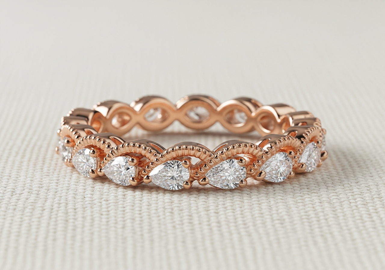 Pear shape alternating eternity band — 18k rose gold twisted shank, 3.0mm wide, 16 lab-grown pear-shaped diamonds (E color, VVS1) all pointing the same direction