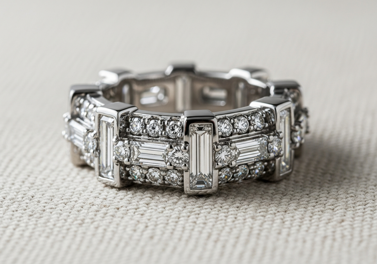 Art Deco baguette and round eternity band — platinum 950, 4.0mm wide geometric channel with alternating lab-grown baguette and round brilliant diamonds