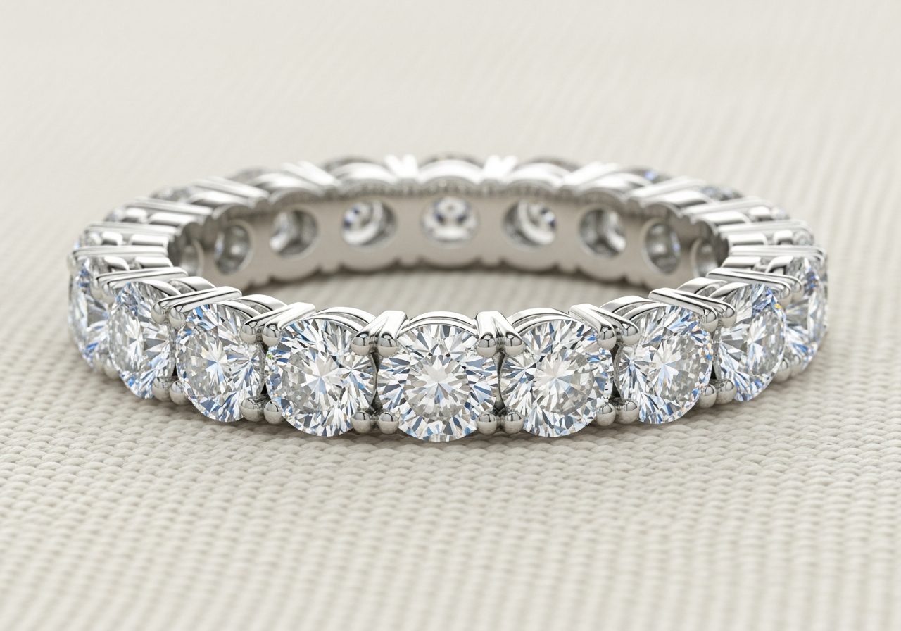 Full pavé shared-prong eternity band — 18k white gold, 4.2mm wide with 28 lab-grown round brilliant diamonds (D color, IF clarity) in continuous shared-prong pavé