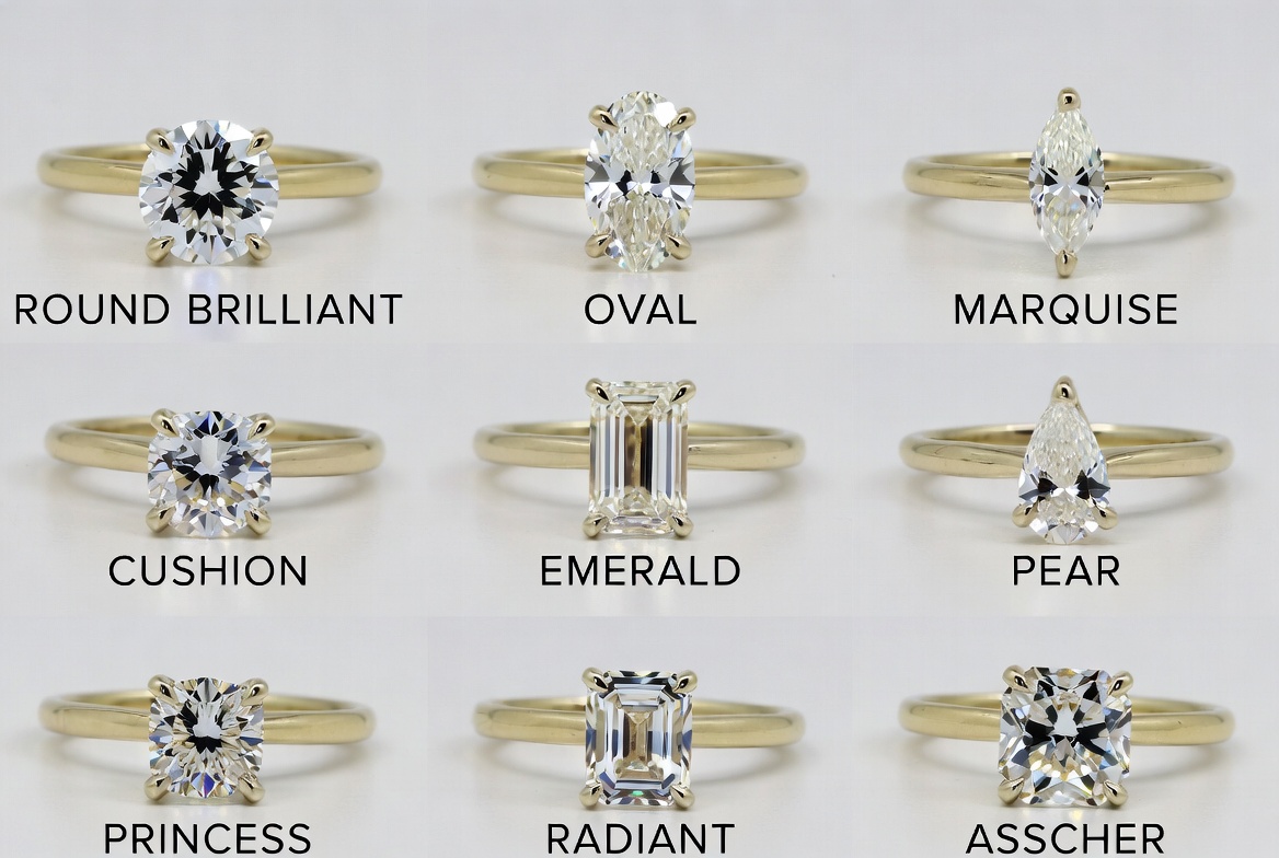 Nine yellow gold solitaire engagement rings arranged in a three-by-three grid showing round brilliant, oval, marquise, cushion, emerald, pear, princess, radiant, and asscher cut lab-grown diamonds, each set as a clean four- or six-prong solitaire