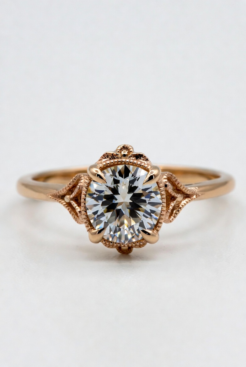 Vintage-inspired rose gold engagement ring with milgrain edges and filigree petals around a round lab-grown diamond center