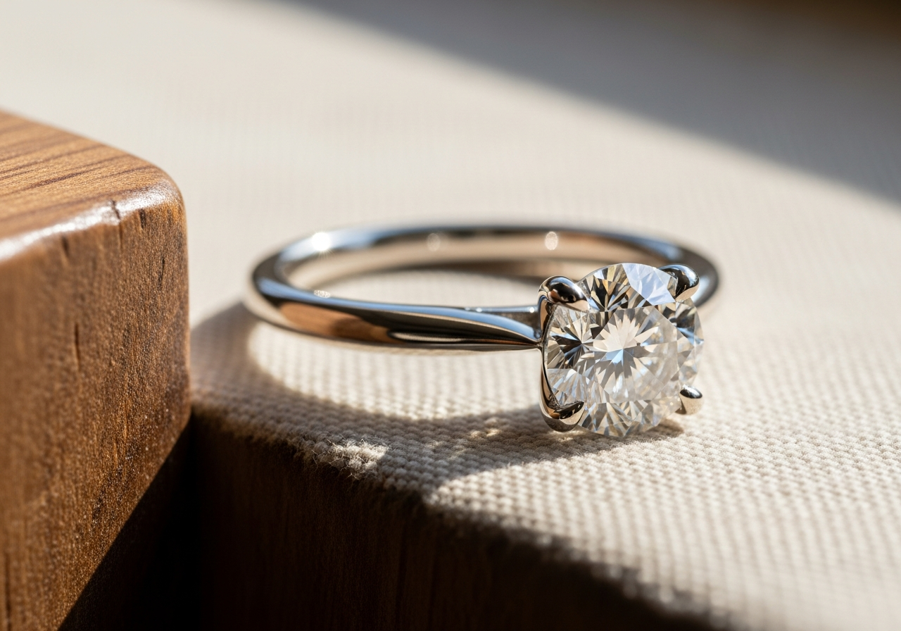 Essential engagement ring — 0.75 ct lab-grown round brilliant diamond, D color, VS1 clarity, in an 18k white gold four-prong cathedral setting on a 1.9mm band