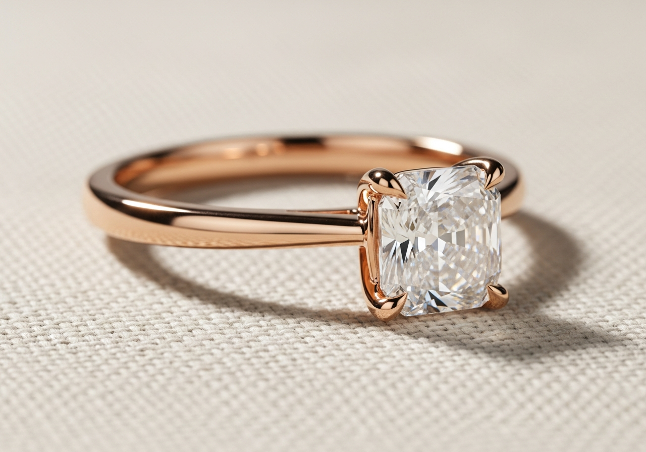 Simple cushion engagement ring — 0.65 ct lab-grown cushion brilliant diamond in an 18k rose gold four-prong solitaire setting