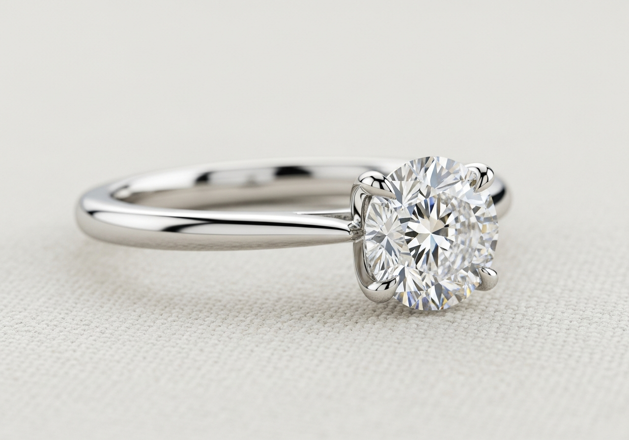 Petite engagement ring — 0.50 ct lab-grown round brilliant diamond, D color, VS1 clarity, in an 18k white gold four-prong cathedral setting on a 1.8mm delicate band