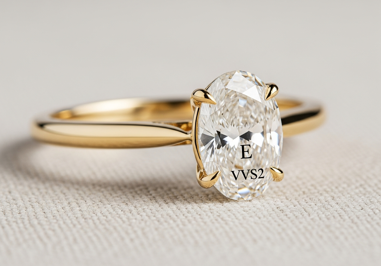 Simple engagement ring — 0.60 ct lab-grown oval diamond, E color, VVS2 clarity, in an 18k yellow gold four-prong knife-edge band solitaire