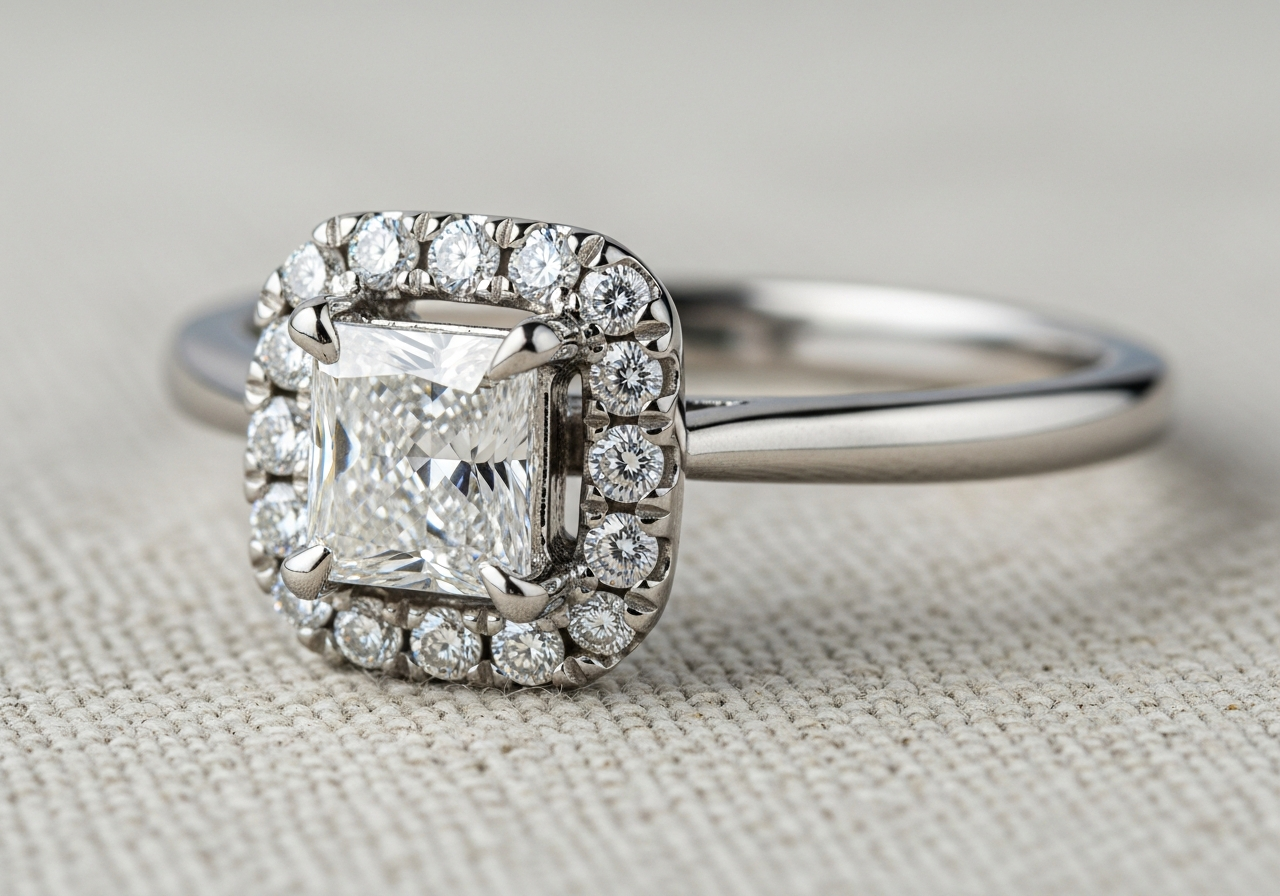 Classic engagement ring — 0.50 ct lab-grown princess cut diamond center with a 0.15 ct micro-halo of lab-grown round diamonds, in a platinum 950 four-prong setting