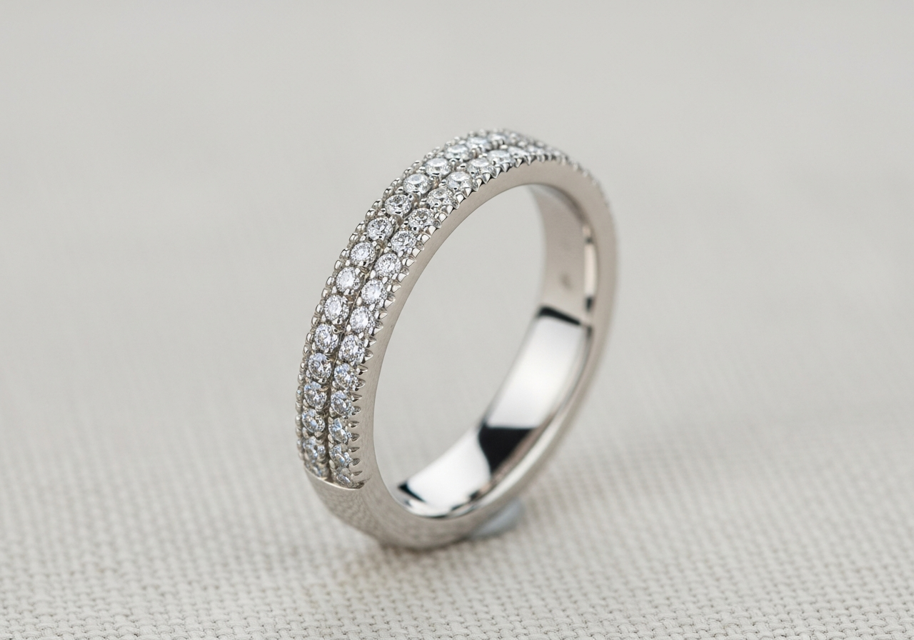 Comfort-fit 2.2mm 18k white gold wedding band with 0.20 ct of micro-pavé lab-grown round brilliant diamonds across the top