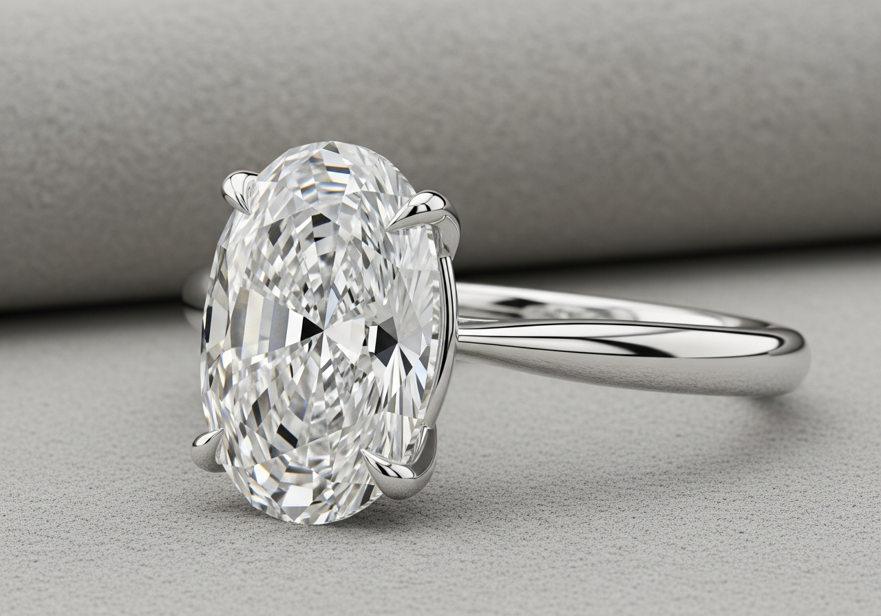 The Lingo — photorealistic render of a 10.26ct lab-grown oval brilliant diamond (F color, VS1 clarity, 17.64 × 12.51 × 7.46 mm) set in a six-prong PT950 platinum solitaire on a 2.6mm band, finger size US 6.5, photographed on grey suede.