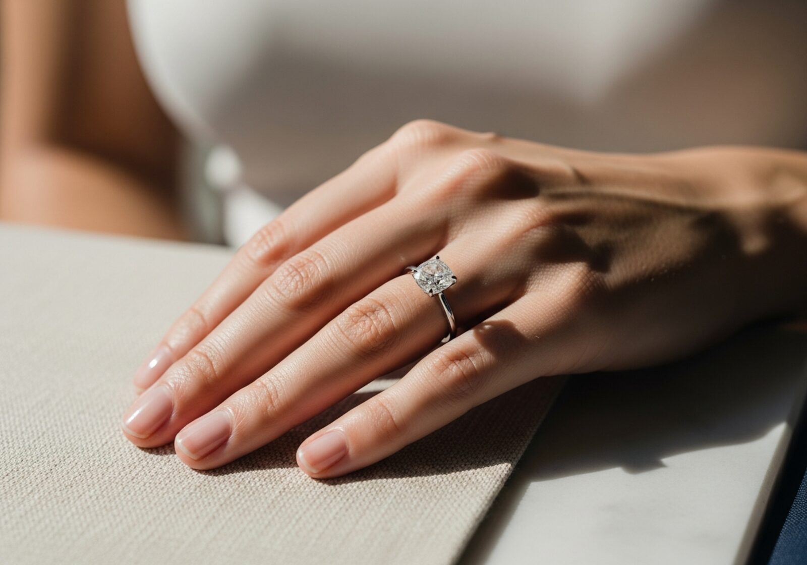 Bride's left hand in warm window light wearing a cushion-cut diamond solitaire on a thin platinum band