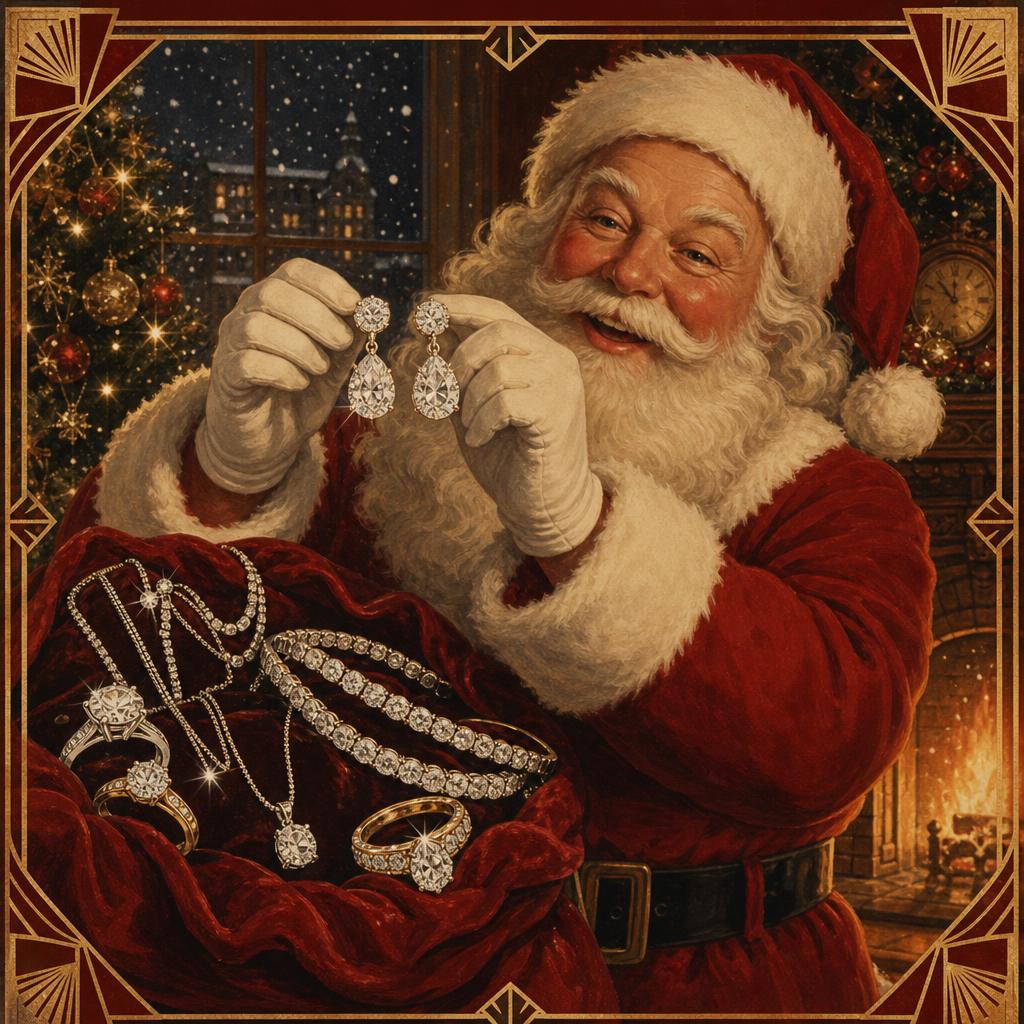 1930s vintage Christmas illustration — Santa Claus presenting sparkling diamond jewelry from his velvet sack